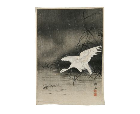 Itō Sōzan 伊藤 総山 (JAPAN, 1884-1926)   An egret hunting fishes over a river on a rainy day  A chirimen chuban tata-e woodblock 