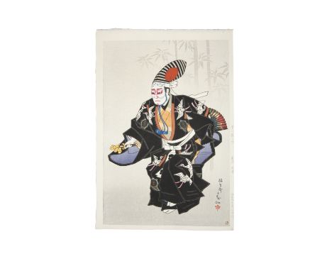 SHUNSEN NATORI 名取春仙 (JAPAN, 1886-1960)  Ichikawa Ennosuke as Sanbaso in Black Kimono   Oban tata-e woodblock print  From the 