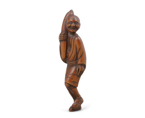 A CARVED BOXWOOD NETSUKE OF A MAN HOLDING AN EGGPLANT POSSIBLY BY JOBUN 如文 JAPAN, LATE EDO PERIOD, 18TH TO 19TH CENTURY Of el