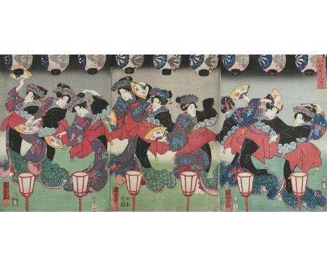 Utagawa Kuniyoshi歌川国芳 (Japan, 1797-1861)  ‘Ise Chorus Song’   1854  A triptych of oban tata-e woodblock prints  Publisher: Mi