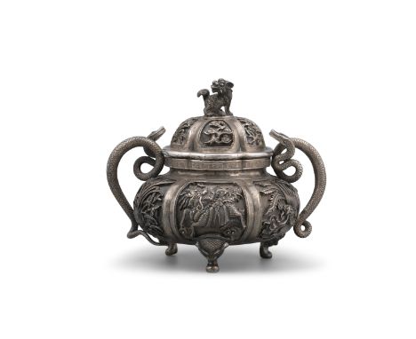 A RARE SNAKE HANDLES ‘QILIN AND PHOENIX - KỲ LÂN AND PHƯỢNG HOÀNG’ THREE-LEGGED SILVER BOWL AND COVER BY VINH DUC 永德VIETNAM, 