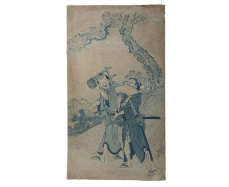 Katsushika Hokusai 葛飾北斎 (Japan, 1760-1849)  Two samurai with their katana Circa 1830   A rare aizuri-e / Prussian blue oban t