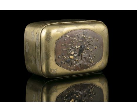 A SOFT-METAL OR MIXED-METAL INLAID ‘BIRD AND FLOWERS’ BOX AND COVER JAPAN, MEIJI PERIOD, LATE 19TH CENTURY Of rectangular sha