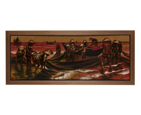 STUDIO OF NGUYEN THÀNH LÊ (VIETNAM, 1919-2003)  Le retour de pêche (Returning Fishermen) A large lacquered wooden panel Signe