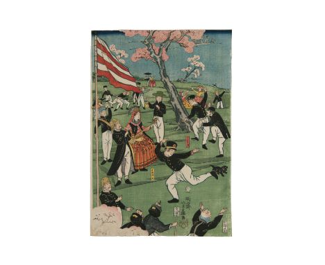 Utagawa Yoshifuji 歌川芳藤 ALSO KNOWN AS Ippōsai Yoshifuji 一鵬斎芳藤  (JAPAN, 1828-1887)  Foreigners at play on an in a park   1861  