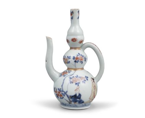 A POSSIBLY KAKIEMON PORCELAIN EWER OF CALABASH / DOUBLE GOURD SHAPE POSSIBLY JAPAN, EDO, 18TH CENTURY  It is finely painted i