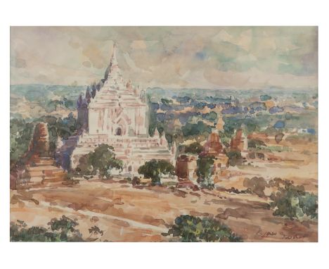 BURMESE SCHOOL (BURMA - MYANMAR, ACTIVE 20TH CENTURY) WITH SIGNATURE MAYBE READING KYAW SWAT View of a temple Watercolor on p