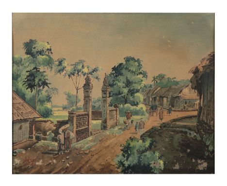 VIETNAMESE SCHOOL (VIETNAM, ACTIVE 20TH CENTURY) Paysans sur le chemin terreux à Huế - Peasants walking in Huế streets Waterc