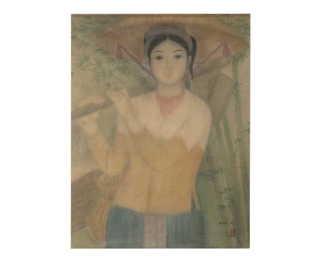 NGUYỄN MINH MỸ (VIETNAM, BORN IN 1923) Jeune paysanne au chapeau - Young girl with a hat Ink and colours on silk Signed on th