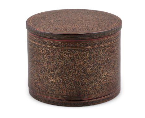 A LACQUER ‘RAMAYANA’ BETHEL BOX AND COVER BURMA (MYANMAR), 19TH CENTURY Of circular shape, it is finely adorned with numerous