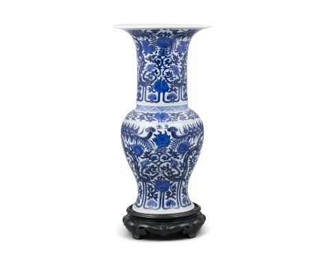 A LARGE BLEU DE HUE TYPE ‘KUI DRAGON’ PORCELAIN TRUMPET-SHAPE VASE, YENYEN VIETNAM, 20TH CENTURY Adorned in cobalt blue with 