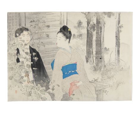 Mizuno Toshikata 水野年方 (JAPAN, 1866-1908)  Shinobi Oto  Kuchi-e tata-e woodblock print  Publisher: Bungei Kurabu  22 x 31 cm  