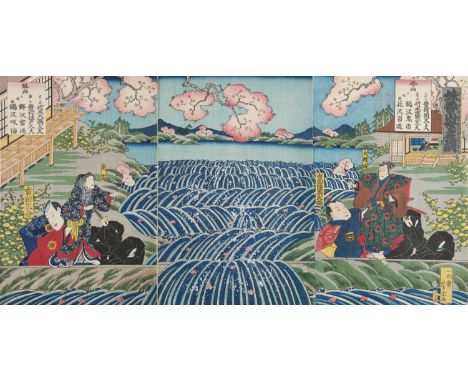 Utagawa Yoshimune歌川芳宗 (Japan, 1817-1880)  A puppet Bunraku performance (定高吉田三吾)   1866  A triptych of oban tata-e  Dimensions