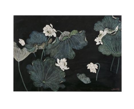 STUDIO OF NGUYEN THÀNH LÊ (1919-2003) Lotus pond Lacquered wooden panel Signed on the lower right 50 x 70 cm  XƯỞNG CỦA NGUYỄ