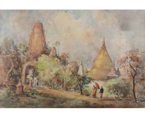 U NYAN SHEIN (BURMA, MYANMAR, 1925-2003) An animated view with a walking monk and a stupa Watercolor on paper Signed and date