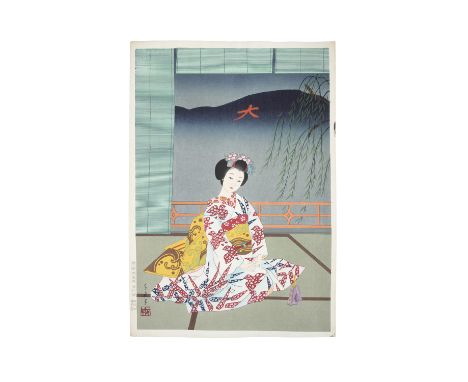 MINAGAWA CHIEKO (JAPAN, ACTIVE 20TH CENTURY)  Maiko on a veranda  Circa mid 20th century  Oban tata-e woodblock print  Carver