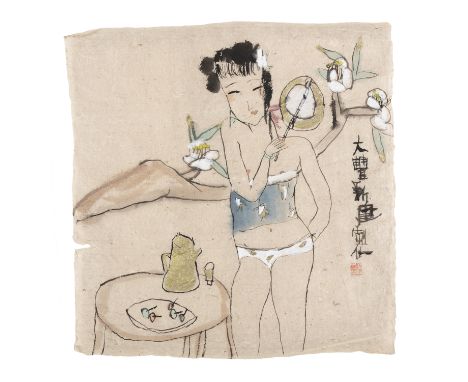 ZHU XINJIAN 朱新建 (CHINA, 1953-2014)  Fermme à l’éventail à manche - Young beauty with a round fan  Circa 1990s  Ink and colors