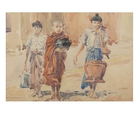 BURMESE SCHOOL (BURMA - MYANMAR, ACTIVE 20TH CENTURY) WITH SIGNATURE MAYBE READING KYAW SWAT A young monk with two other boys
