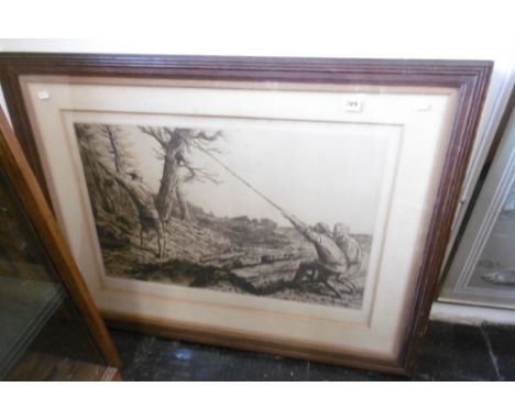 A FRAMED ETCHING WOODCUTTER  SCENE