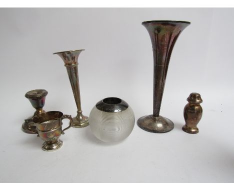 Mixed silver including two trumpet vases, single candlestick, miniature twin handled trophy, pepperette and Victorian match s