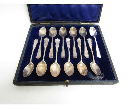 Two sets of six silver teaspoons in same case, William Hutton 1907 and maker J.R. Sheffield 1907, 167g