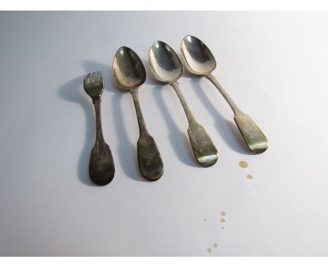 Victorian and Georgian silver flatware, three spoons and a fork all with matching crest, 311g