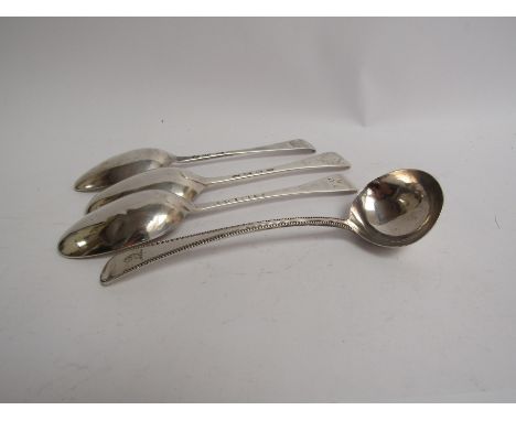 Three George II silver spoons with crested and monogrammed handles dated 1741, 1749 &amp; 1747, dents present and a George IV