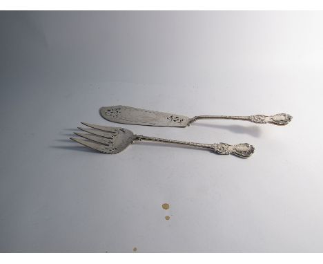 Samuel John Hunt Victorian silver serving fish knife and fork with engraved image of otta, crested handles, London 1856, 334g