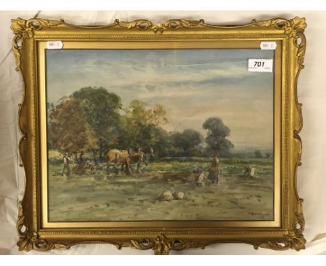 JOHN ATKINSON (1863-1924) “Plough team and figures harvesting in a field”, watercolour heightened with white, signed lower ri