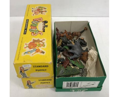 A box of assorted painted lead toys to include Britains and J Hill &amp; Co including pigs, turtle, tiger, penguin, cows, sea