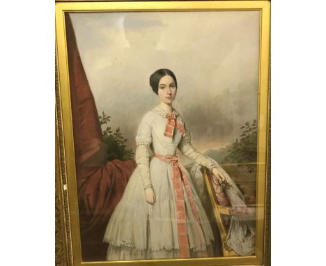 19TH CENTURY ENGLISH SCHOOL "Young lady in white dress with pink bow and sash stood by a verandah balustrade, her arm resting