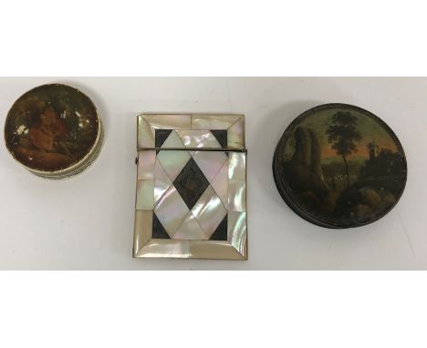 A mother of pearl set card case of rectangular form 10.5 cm x 8 cm together with a papier-mâché  and lacquered patch box of c