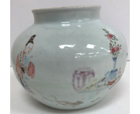 A Chinese Yong Zheng famille-rose jar decorated with a boy playing in a garden with a dog, two women, vase of Chrysanthemums,