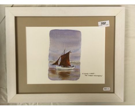 KEN ROBINSON “Fishing Coble The Three Brothers”, watercolour study of sailboat and titled lower right, inscribed on label ver