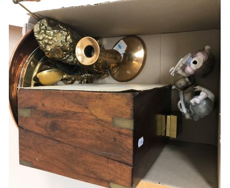 A box containing a Victorian mahogany brass bound hinge lidded box together with three Nao figures, a Beswick figure of an Ex