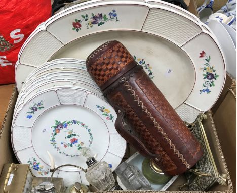 A box containing a collection of Wedgwood dinner wares, a modern brass Harwood carriage clock, table lighters, an aluminum li