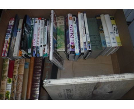 Four boxes of various books to include LARS JONSSON "Bird Island", E M DELAFIELD "The Provincial Lady", SIMON JENKINS "Englan