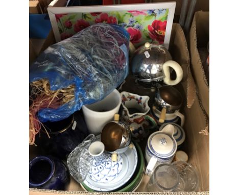 Three boxes of assorted sundry china and miscellaneous wares to include a J &amp; G Meakin coffee set, a Worcester style posy