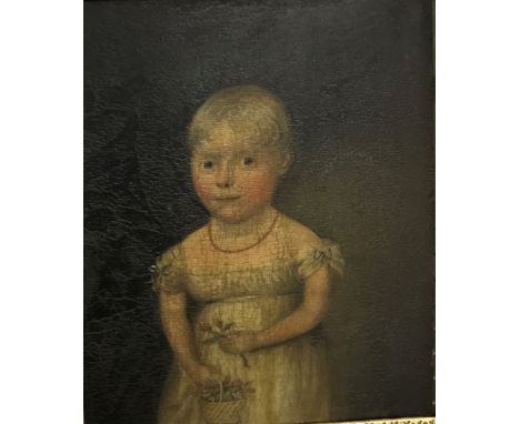 EARLY 19TH CENTURY ENGLISH SCHOOL "Young girl with basket of flowers", a naive portrait study, oil on panel, unsigned, 31 cm 