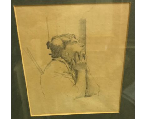 MALCOLM DRUMMOND (1880-1945) “Woman with head in hands”, a portrait study, pencil, unsigned, inscribed on label verso “Bought