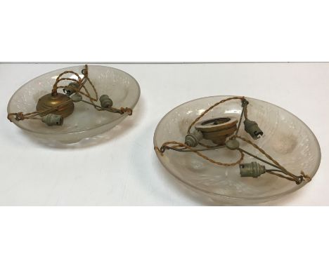 A pair of Sabino "Les Oursins" Art Deco frosted glass plafonniers, circa 1930, decorated with sea urchins and seaweed, 30 cm 