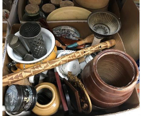 Eight boxes of sundry household items to include various glass jars with cork stoppers, various stoneware jars, assorted tins