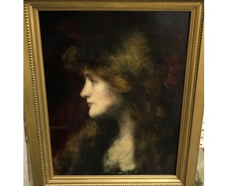 JEAN JACQUES HENNER (1829-1905) “Lady looking left”, a portrait study, head and shoulders, oil on panel, signed lower left, 4