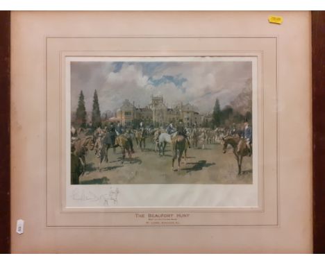 AFTER LIONEL EDWARDS "The Beaufort Hunt November morning Badminton", colour print, signed in pencil, 28 cm x 35 cm, another b