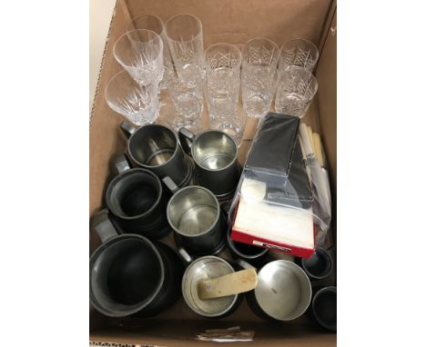 A collection of pewter tankards together with a collection of glassware, a silver mounted button hook and a collection of var