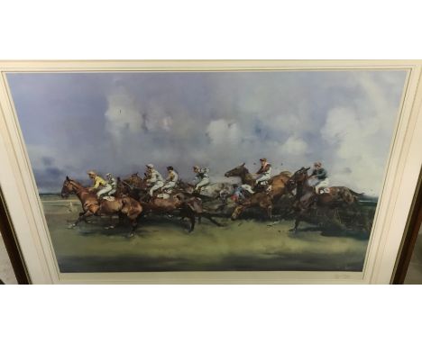 AFTER MICHAEL LYNE "Steeplechasing scene", colour print, signed in pencil, 63 cm x 93 cm, together with twenty various sporti