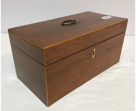 A 19th Century Australian buloke veneered tea caddy of plain rectangular form, satinwood strung, opening to reveal a central 