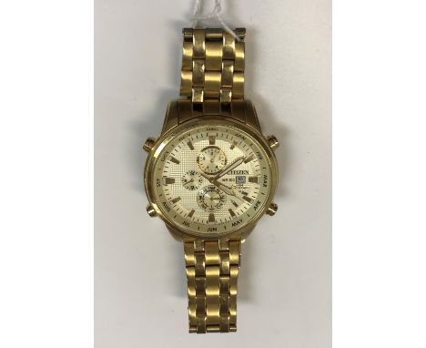 A Citizen gold plated cased alarm chronograph gent's wristwatch with multiple dials and date aperture