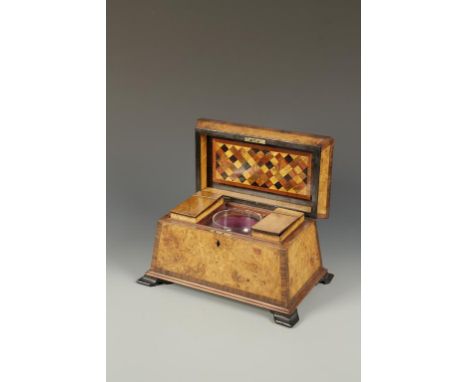 A REGENCY BURR WALNUT AND ROSEWOOD CROSSBANDED SARCOPHAGUS-FORM TEA CADDY, the raised top enclosing a fitted interior with tw