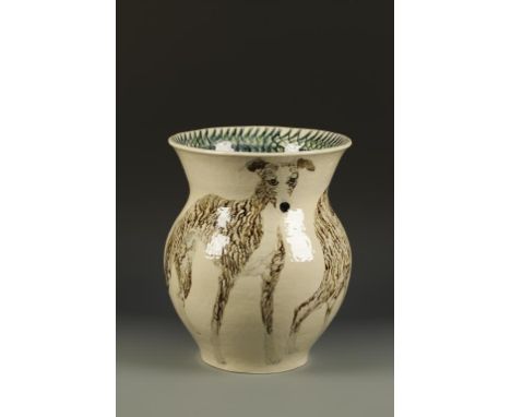 •PATRICIA LOW- A GLAZED CERAMIC VASE, decorated with Whippets, signed to base Patricia Low 2002 "Tidpit works, Whippet pot", 